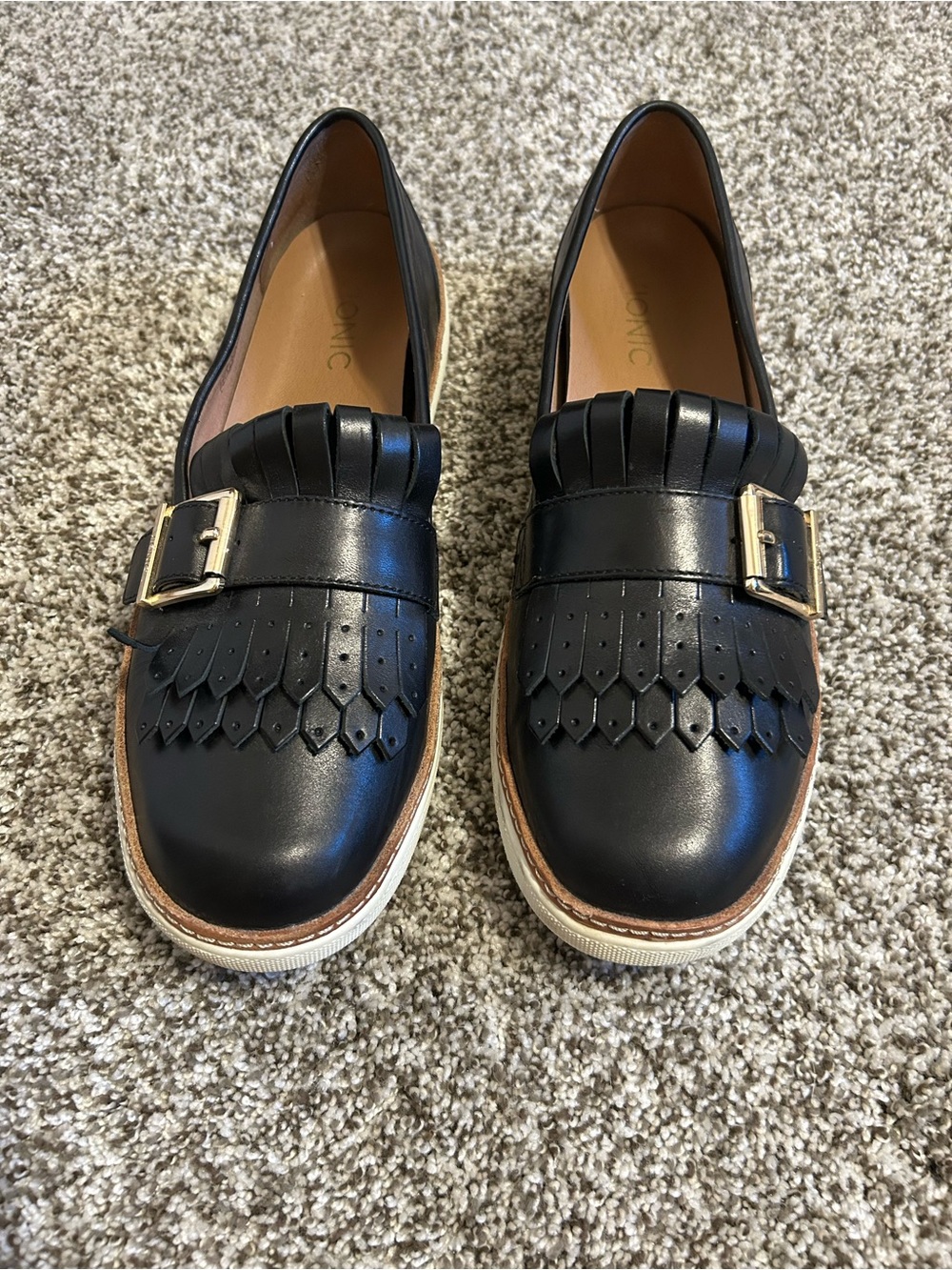 Vionic Black Leather Fringe Loafers with Gold Buckle